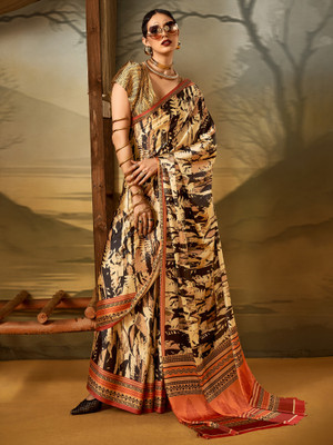 Sareemall Printed Hand Batik Crepe Saree(Beige)