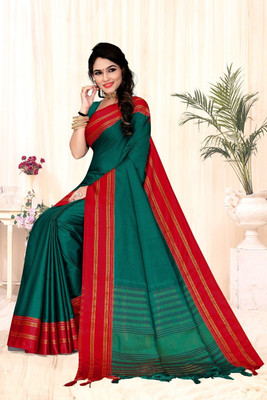 sai dhruvi fashions Solid/Plain Gadwal Cotton Silk Saree(Dark Green)