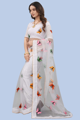 meaven tex Embroidered Bollywood Net Saree(White)