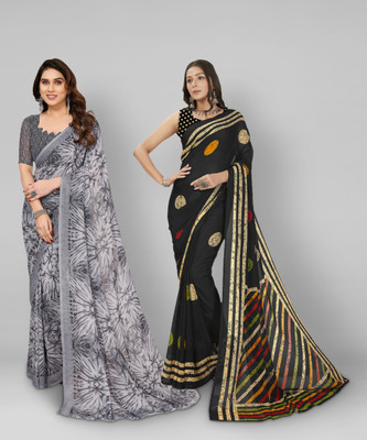 kashvi sarees Floral Print, Polka Print, Ombre, Printed Bollywood Georgette Saree(Pack of 2, Black, Grey)