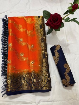 NoaimaSarees Self Design Banarasi Organza, Cotton Blend Saree(Orange)