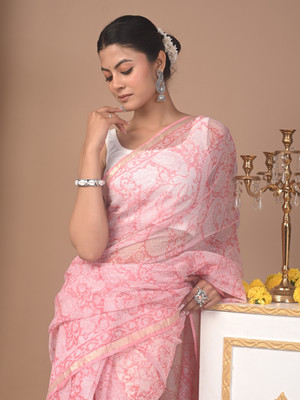 Taavi Printed Kota Doria Cotton Blend Saree(Pink)