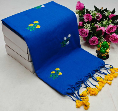 DRAPERIA Embroidered Handloom Pure Cotton Saree(Blue)