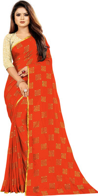 Desi Style Applique Chanderi Net, Chiffon Saree(Orange)