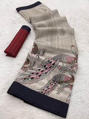 Gugaliya Printed Kalamkari Cotton Blend, Art Silk Saree(Multicolor)