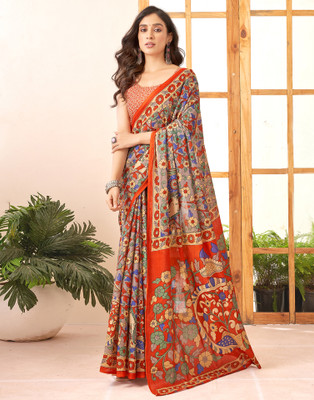 all about you Printed Kalamkari Pure Cotton Saree(Grey, Orange, Multicolor)