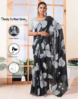 Satrani Floral Print, Printed Daily Wear Cotton Blend Saree(Black, White)