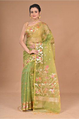 MorChari Woven Jamdani Organza Saree(Green)