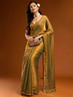 FENNYCREATION Solid/Plain Bollywood Net Saree(Gold)