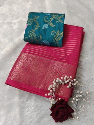 Sakhi Vastra Striped, Woven Banarasi Jacquard, Silk Blend Saree(Pink)