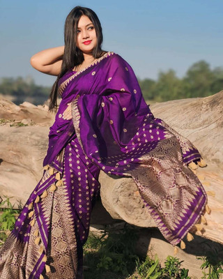 VM Selling Hub Printed Mekhela Chador Silk Blend Saree(Magenta)