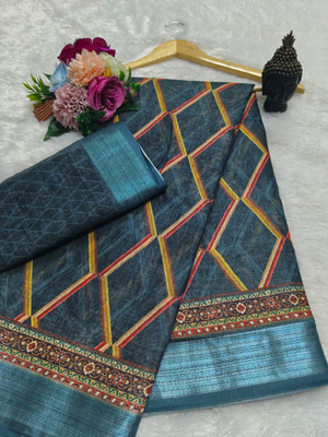 HouseOfCommon Printed Kanjivaram Linen, Cotton Linen Saree(Dark Blue)