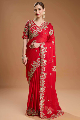 Peachmode Embroidered Bollywood Organza Saree(Red)