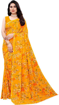 HERE&NOW Floral Print, Printed Bollywood Georgette Saree(Yellow)