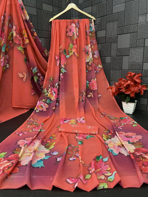 Jumki Fashion Floral Print, Printed, Digital Print Bollywood Georgette Saree(Blue)