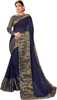 VEROKNIT Self Design, Woven, Solid/Plain Bollywood Chiffon Saree(Blue, Gold)