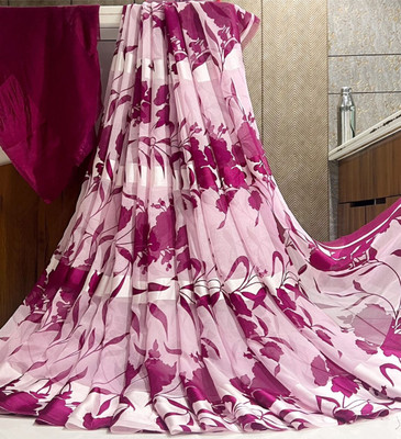 Bombey Velvat Fab Printed, Solid/Plain Pochampally Mulmul, Chiffon Saree(Purple, White)