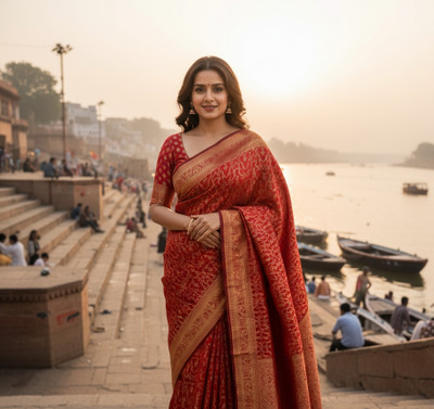 MJAfabric Paisley Bollywood Art Silk Saree(Red)
