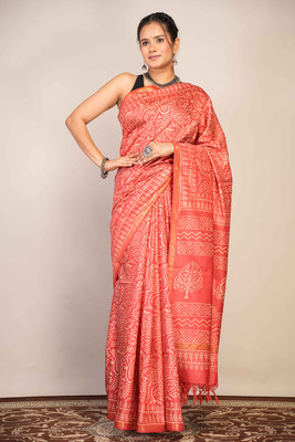 Anuttara Floral Print Saree with Attached Blouse Cotton Silk Saree(Pink)