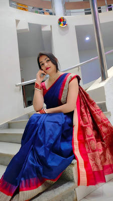 Sijileen Solid/Plain, Temple Border Sambalpuri Art Silk Saree(Dark Blue)
