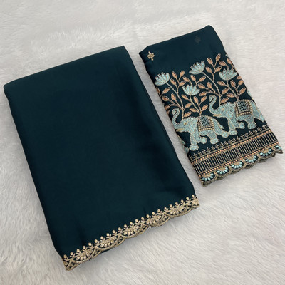 Ttex Solid/Plain, Embroidered Bollywood Art Silk Saree(Blue)