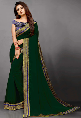 Georgette Saree Solid/Plain Bollywood Georgette, Chiffon Saree(Dark Green)