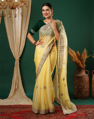 Samah Embroidered, Dyed Bollywood Tissue Saree(Yellow, Multicolor)