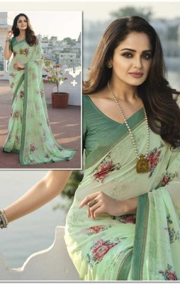 MEETVIN COUTURE Printed, Floral Print, Hand Painted, Graphic Print, Digital Print, Self Design Bollywood Chiffon, Georgette Saree(Light Green)
