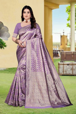 SnehaWomensWear Self Design Banarasi Silk Blend Saree(Purple)