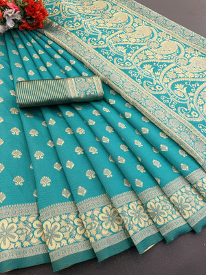 YASHIKA Woven, Printed Banarasi Cotton Silk, Jacquard Saree(Blue)