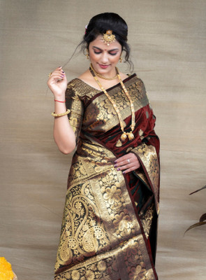 GajGajra Embellished, Self Design, Woven Daily Wear Jacquard, Silk Blend Saree(Maroon)