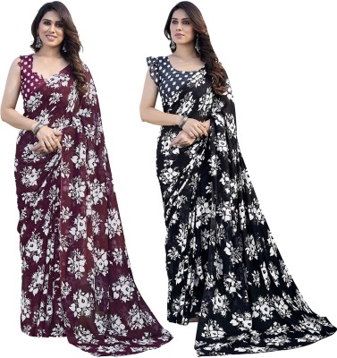 Anand Sarees Floral Print Daily Wear Georgette Saree(Pack of 2, Brown, Black)