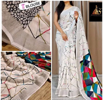 KHANUDI Digital Print Bollywood Handloom Cotton Linen Saree(Multicolor)