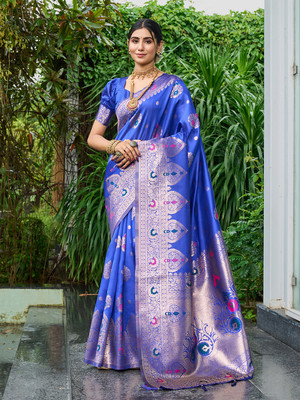 Gariya Fab Embellished Banarasi Silk Blend Saree(Blue)