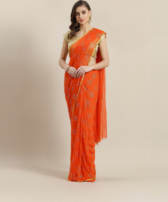 Ishin Printed Bollywood Chiffon Saree(Orange)
