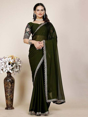 Anjani Textile Embroidered Daily Wear Chiffon Saree(Green)