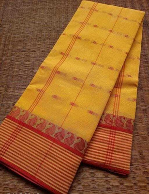 Sthaker Self Design Handloom Cotton Blend Saree(Yellow)
