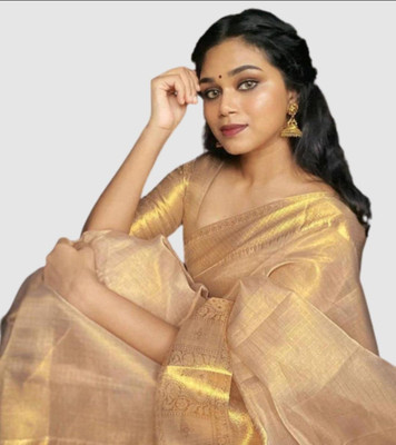 FKKF Solid/Plain Kasavu Tissue Saree(Gold)