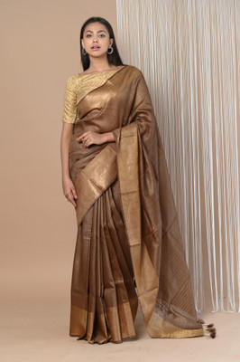 Very Much Indian Solid/Plain Handloom Tussar Silk Saree(Brown)