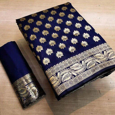 Amrut Collection Woven Banarasi Silk Blend Saree(Dark Blue)