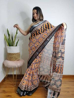 ASHTA Floral Print Kanjivaram Linen Saree(Yellow)
