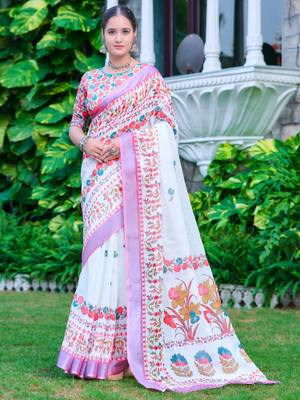 Anouk Rustic Digital Print Hand Batik Cotton Linen Saree(White)