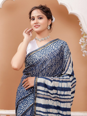 Taavi Printed Chanderi Cotton Silk Saree(Blue)