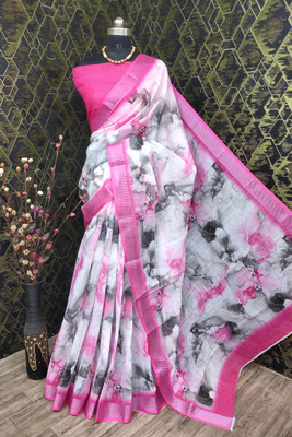 KHANUDI Digital Print Kanjivaram Cotton Linen Saree(Multicolor)