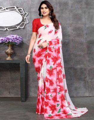 Samah Printed Daily Wear Chiffon, Georgette Saree(Red, Pink, White)