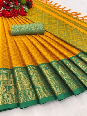 A To Z Cart Embellished Banarasi Cotton Silk Saree(Yellow, Green)