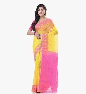 Ayanti Fashion Woven Handloom Cotton Silk, Organza Saree(Pink, Yellow)