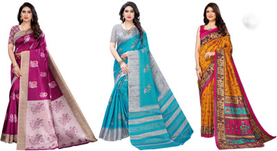 ANIRAV Printed Kalamkari Art Silk Saree(Pack of 3, Purple, Grey, Blue, Yellow)