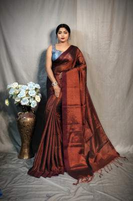 RIDDHIMAN FASHION Solid/Plain Handloom Tissue Saree(Maroon)