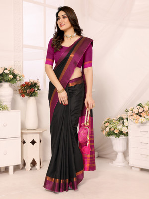 KITKET FASHION Woven Kanjivaram Pure Silk Saree(Black)
